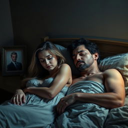 A dramatic scene depicting a woman in a cozy bedroom setting, appearing to sleep peacefully next to another man, creating a sense of tension and emotional complexity