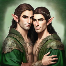 This is a high-quality digital art image of two elven princes in a loving embrace