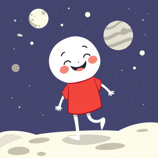 A whimsical and fun illustration of a white cartoon character wearing a bright red t-shirt, cheerfully walking on the moon