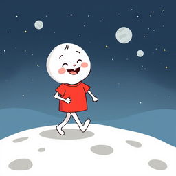 A whimsical and fun illustration of a white cartoon character wearing a bright red t-shirt, cheerfully walking on the moon