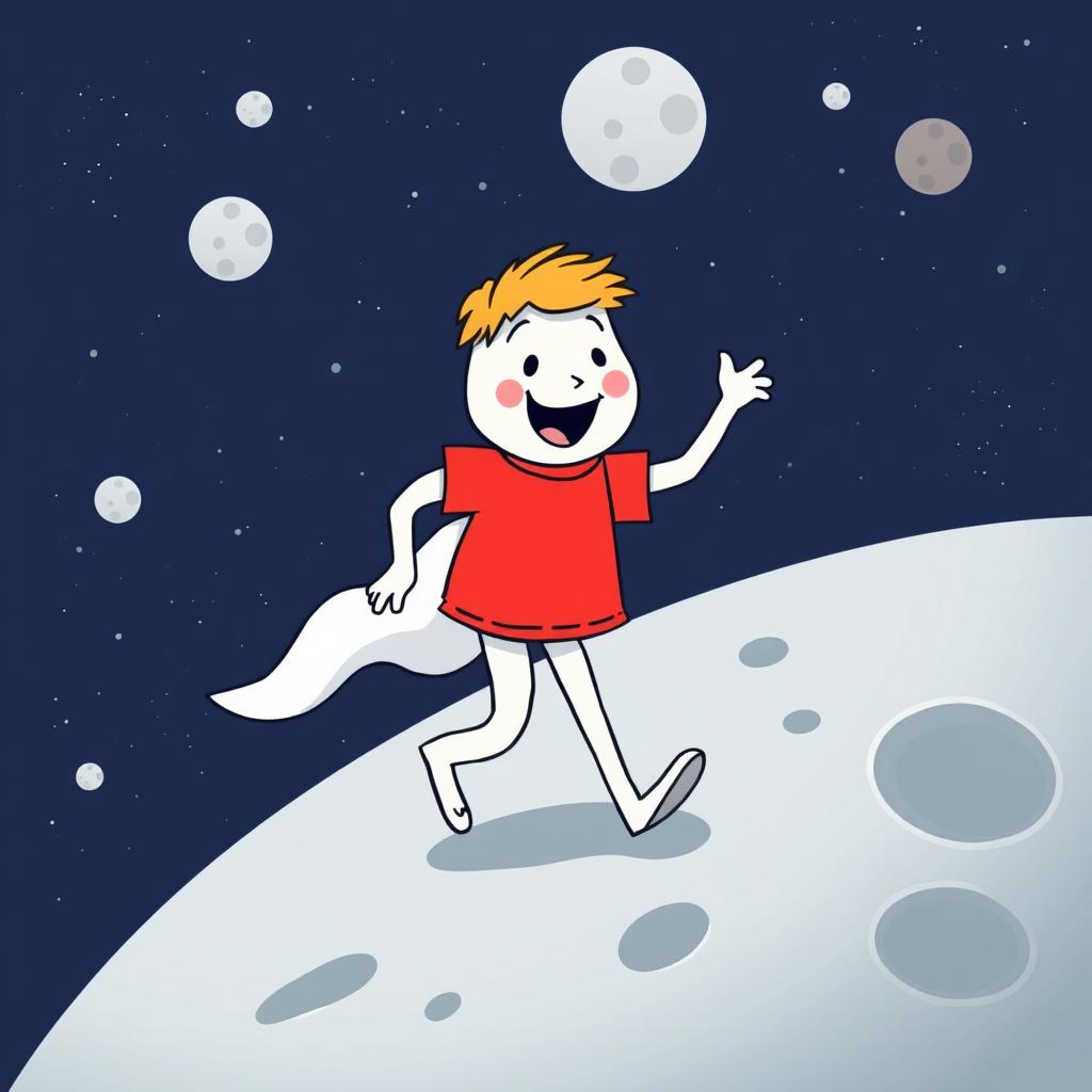 A whimsical and fun illustration of a white cartoon character wearing a bright red t-shirt, cheerfully walking on the moon