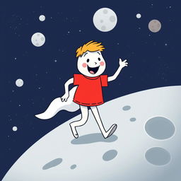 A whimsical and fun illustration of a white cartoon character wearing a bright red t-shirt, cheerfully walking on the moon