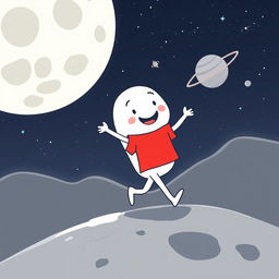 A whimsical and fun illustration of a white cartoon character wearing a bright red t-shirt, cheerfully walking on the moon