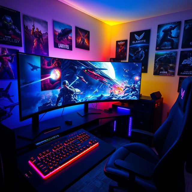 A vibrant gaming setup featuring an immersive RGB-lit gaming keyboard and mouse, a large curved monitor displaying a futuristic sci-fi game scene with spaceships engaging in battle, surrounded by posters of popular video games