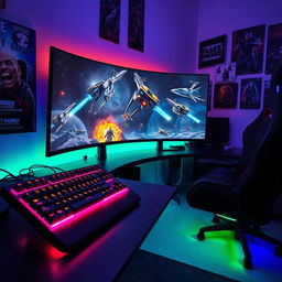 A vibrant gaming setup featuring an immersive RGB-lit gaming keyboard and mouse, a large curved monitor displaying a futuristic sci-fi game scene with spaceships engaging in battle, surrounded by posters of popular video games