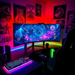 A vibrant gaming setup featuring an immersive RGB-lit gaming keyboard and mouse, a large curved monitor displaying a futuristic sci-fi game scene with spaceships engaging in battle, surrounded by posters of popular video games