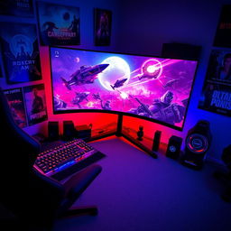 A vibrant gaming setup featuring an immersive RGB-lit gaming keyboard and mouse, a large curved monitor displaying a futuristic sci-fi game scene with spaceships engaging in battle, surrounded by posters of popular video games