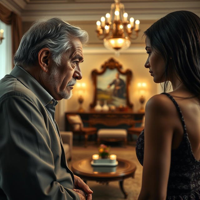 A dramatic scene depicting a tense confrontation between a father-in-law and his daughter-in-law, set in a luxurious living room