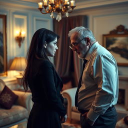 A dramatic scene depicting a tense confrontation between a father-in-law and his daughter-in-law, set in a luxurious living room