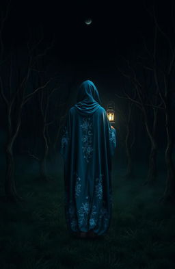 A dark and misty forest devoid of grass, featuring gnarled dead trees silhouetted against a pitch-black night sky with no stars