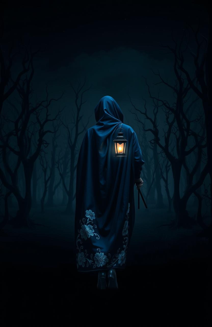 A dark and misty forest devoid of grass, featuring gnarled dead trees silhouetted against a pitch-black night sky with no stars