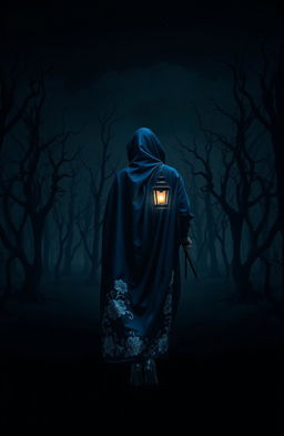 A dark and misty forest devoid of grass, featuring gnarled dead trees silhouetted against a pitch-black night sky with no stars