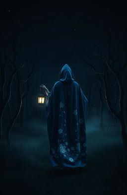 A dark and misty forest devoid of grass, featuring gnarled dead trees silhouetted against a pitch-black night sky with no stars