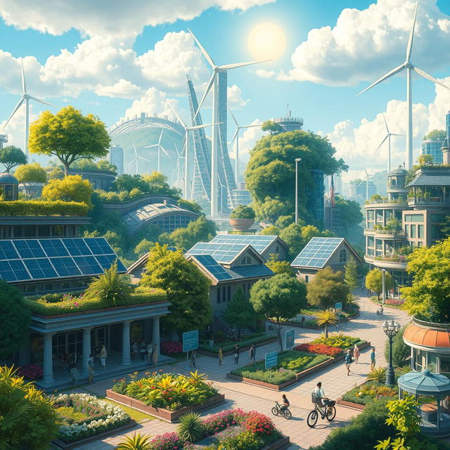 A vibrant solarpunk cityscape, featuring lush greenery integrated with futuristic architecture, solar panels, and wind turbines, with bright skies and a harmonious blend of nature and technology