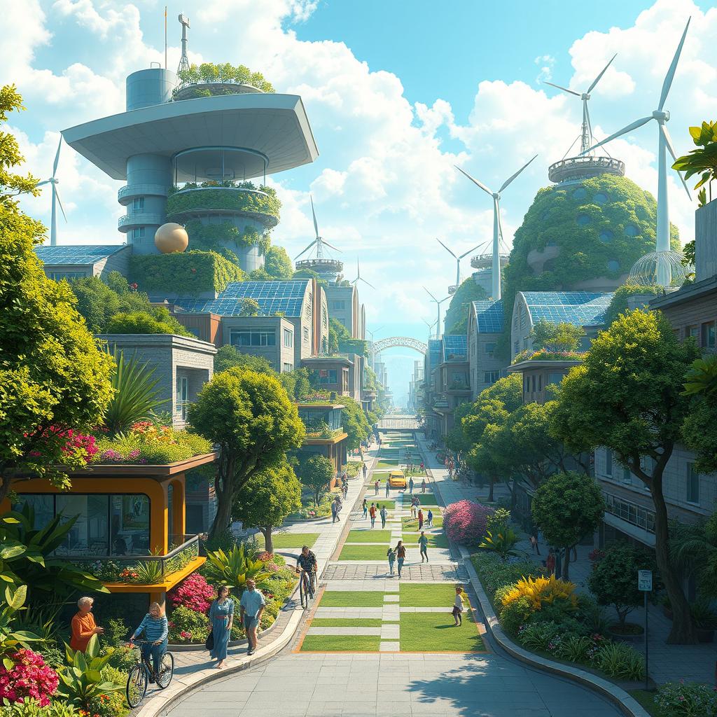 A vibrant solarpunk cityscape, featuring lush greenery integrated with futuristic architecture, solar panels, and wind turbines, with bright skies and a harmonious blend of nature and technology