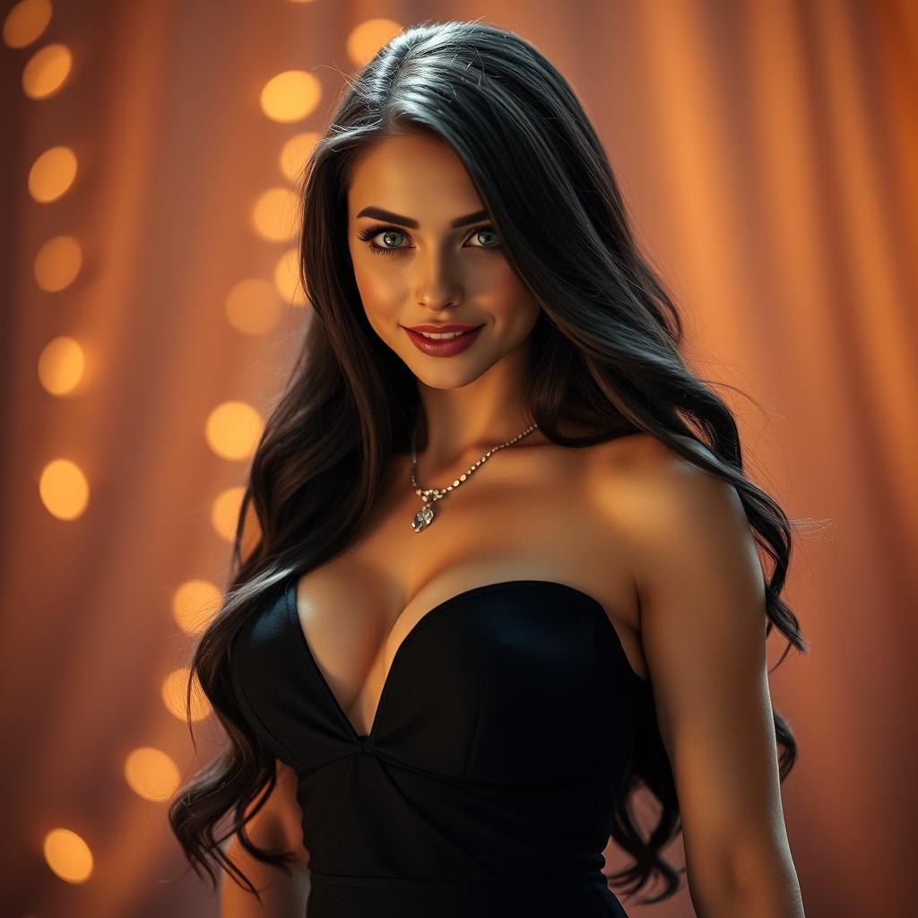 A sultry beauty with captivating green eyes and long, flowing dark hair, wearing a fitted black evening gown that accentuates her curves