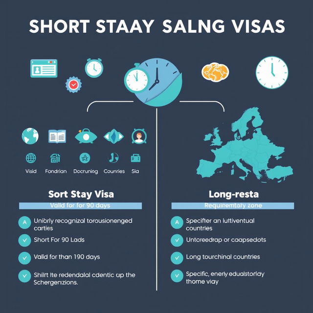 An informative infographic illustrating the differences between short stay visas and long stay visas in the Schengen zone