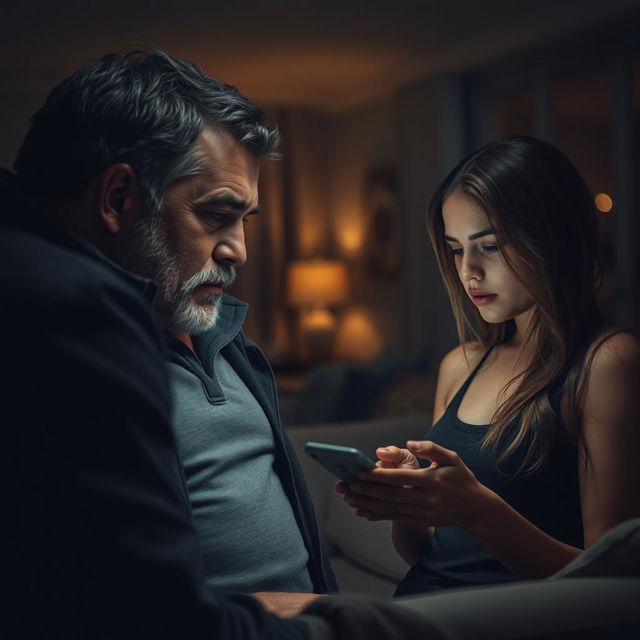 A dramatic scene depicting a tense moment in a living room where a stepfather unknowingly steals a glance at his stepdaughter