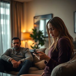A dramatic scene depicting a tense moment in a living room where a stepfather unknowingly steals a glance at his stepdaughter
