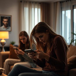 A dramatic scene depicting a tense moment in a living room where a stepfather unknowingly steals a glance at his stepdaughter
