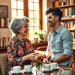 A charming scene featuring an older woman with stylish gray hair and expressive wrinkles, wearing a vibrant floral dress, engaging in conversation with a handsome young man in a casual outfit, set in a cozy café with warm sunlight streaming through the windows