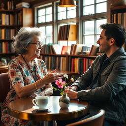 A charming scene featuring an older woman with stylish gray hair and expressive wrinkles, wearing a vibrant floral dress, engaging in conversation with a handsome young man in a casual outfit, set in a cozy café with warm sunlight streaming through the windows