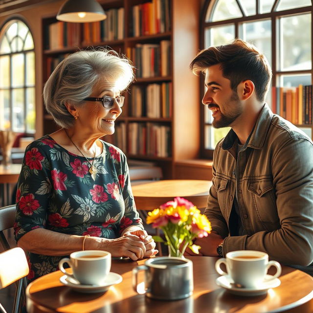 A charming scene featuring an older woman with stylish gray hair and expressive wrinkles, wearing a vibrant floral dress, engaging in conversation with a handsome young man in a casual outfit, set in a cozy café with warm sunlight streaming through the windows