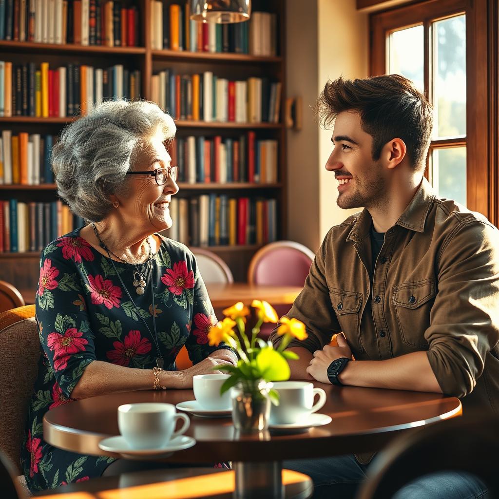 A charming scene featuring an older woman with stylish gray hair and expressive wrinkles, wearing a vibrant floral dress, engaging in conversation with a handsome young man in a casual outfit, set in a cozy café with warm sunlight streaming through the windows