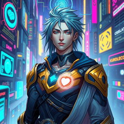 A cyber fantasy universe depicting a male character named Xandros who embodies both mind and heart balance