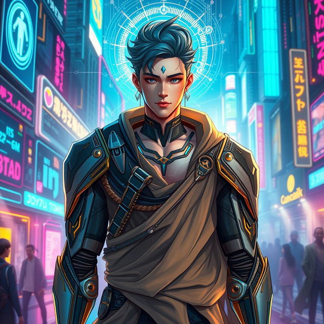 A cyber fantasy universe depicting a male character named Xandros who embodies both mind and heart balance