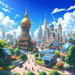 A vibrant solarpunk cityscape in the anime style of ufotable studio, showcasing gorgeous and intricate architectural designs that harmoniously blend with lush greenery