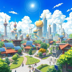A vibrant solarpunk cityscape in the anime style of ufotable studio, showcasing gorgeous and intricate architectural designs that harmoniously blend with lush greenery