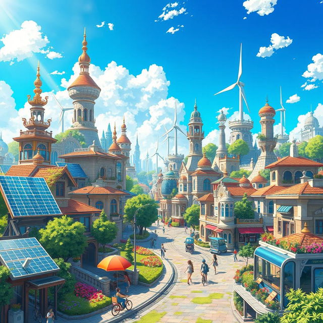 A vibrant solarpunk cityscape in the anime style of ufotable studio, showcasing gorgeous and intricate architectural designs that harmoniously blend with lush greenery