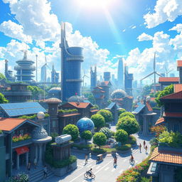 A vibrant solarpunk cityscape in the anime style of ufotable studio, showcasing gorgeous and intricate architectural designs that harmoniously blend with lush greenery