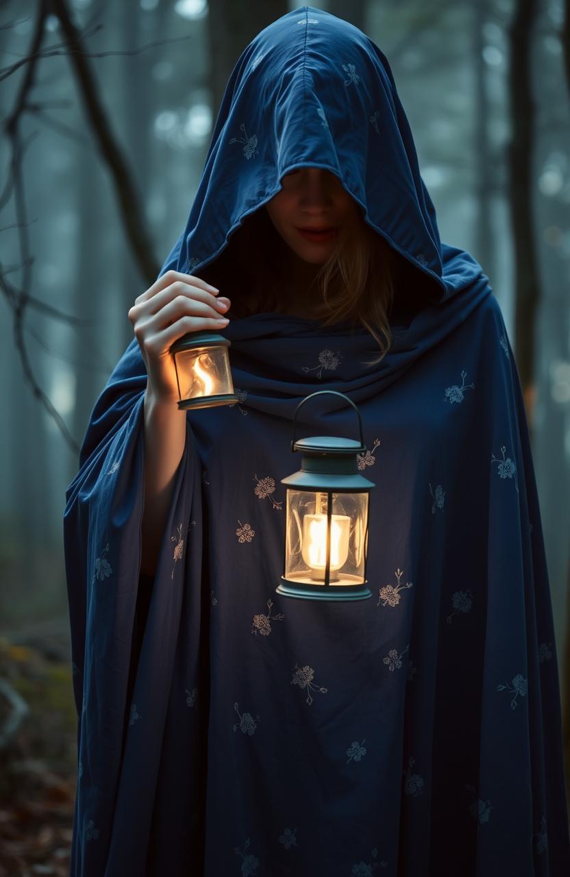 A mysterious woman cloaked in a flowing blue cloak adorned with delicate white flowering patterns, holding a glowing lantern in her hand