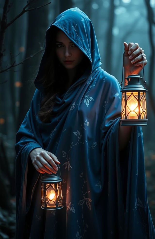 A mysterious woman cloaked in a flowing blue cloak adorned with delicate white flowering patterns, holding a glowing lantern in her hand