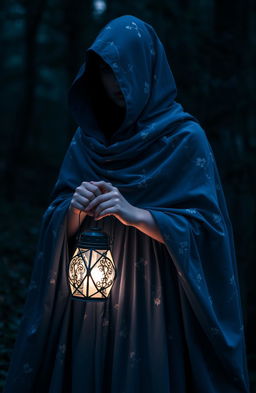 A mysterious woman cloaked in a flowing blue cloak adorned with delicate white flowering patterns, holding a glowing lantern in her hand