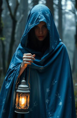A mysterious woman cloaked in a flowing blue cloak adorned with delicate white flowering patterns, holding a glowing lantern in her hand