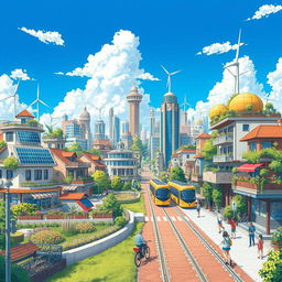 A picturesque solarpunk cityscape depicted in an anime style, showcasing futuristic buildings adorned with greenery, solar panels, and wind turbines