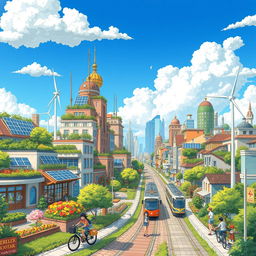 A picturesque solarpunk cityscape depicted in an anime style, showcasing futuristic buildings adorned with greenery, solar panels, and wind turbines