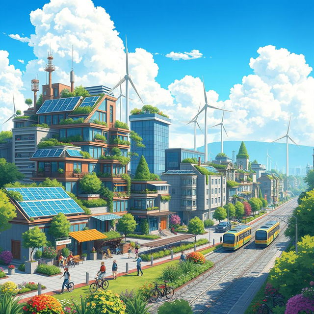 A picturesque solarpunk cityscape depicted in an anime style, showcasing futuristic buildings adorned with greenery, solar panels, and wind turbines
