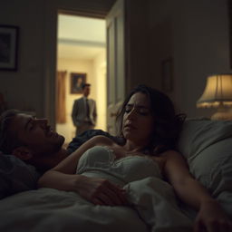 A somber yet poignant scene showcasing a woman, beautifully dressed, with a pained expression as she lies beside another man in a cozy, dimly-lit room