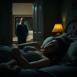 A somber yet poignant scene showcasing a woman, beautifully dressed, with a pained expression as she lies beside another man in a cozy, dimly-lit room