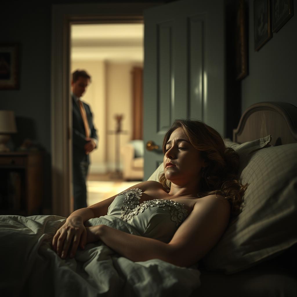 A somber yet poignant scene showcasing a woman, beautifully dressed, with a pained expression as she lies beside another man in a cozy, dimly-lit room