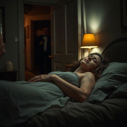 A somber yet poignant scene showcasing a woman, beautifully dressed, with a pained expression as she lies beside another man in a cozy, dimly-lit room