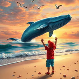 A whimsical scene featuring a young boy playing joyfully by the shore, gazing out at a magnificent whale breaching the calm ocean waters
