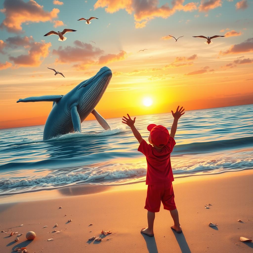 A whimsical scene featuring a young boy playing joyfully by the shore, gazing out at a magnificent whale breaching the calm ocean waters