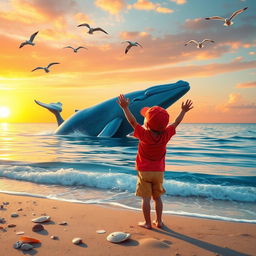 A whimsical scene featuring a young boy playing joyfully by the shore, gazing out at a magnificent whale breaching the calm ocean waters