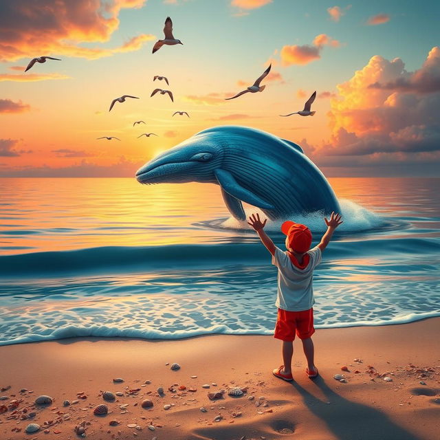 A whimsical scene featuring a young boy playing joyfully by the shore, gazing out at a magnificent whale breaching the calm ocean waters