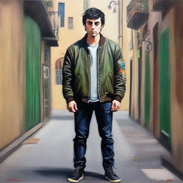 This is a high-quality oil painting of a 26-year-old Italian man, who is a unique blend of elf and dwarf